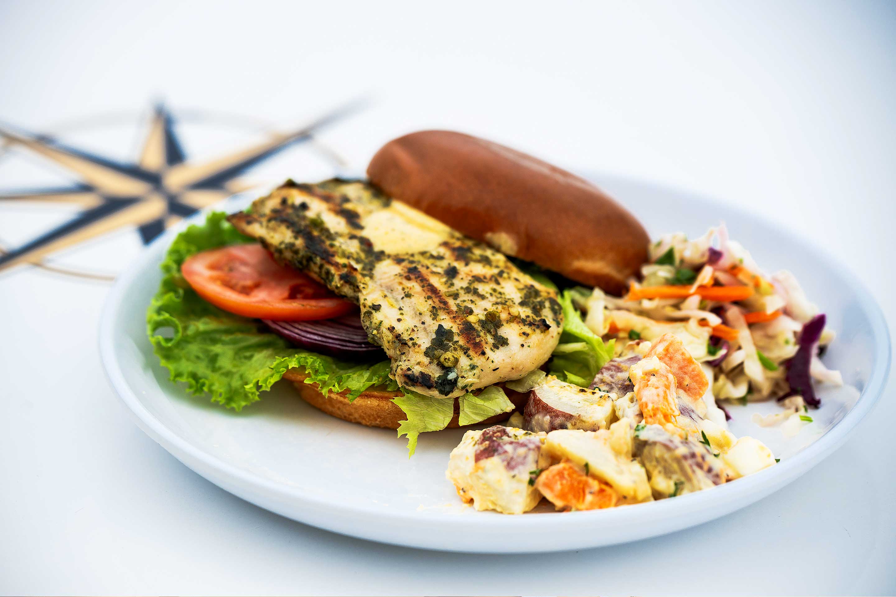Garlic herb chicken sandwich with potato salad and coleslaw